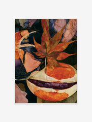 Detailed maple leaf botanical art print with abstract orange and purple shapes on a dark background