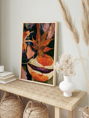 Detailed maple leaf botanical art print with abstract orange and purple shapes on a dark, in an alternate framed mockup