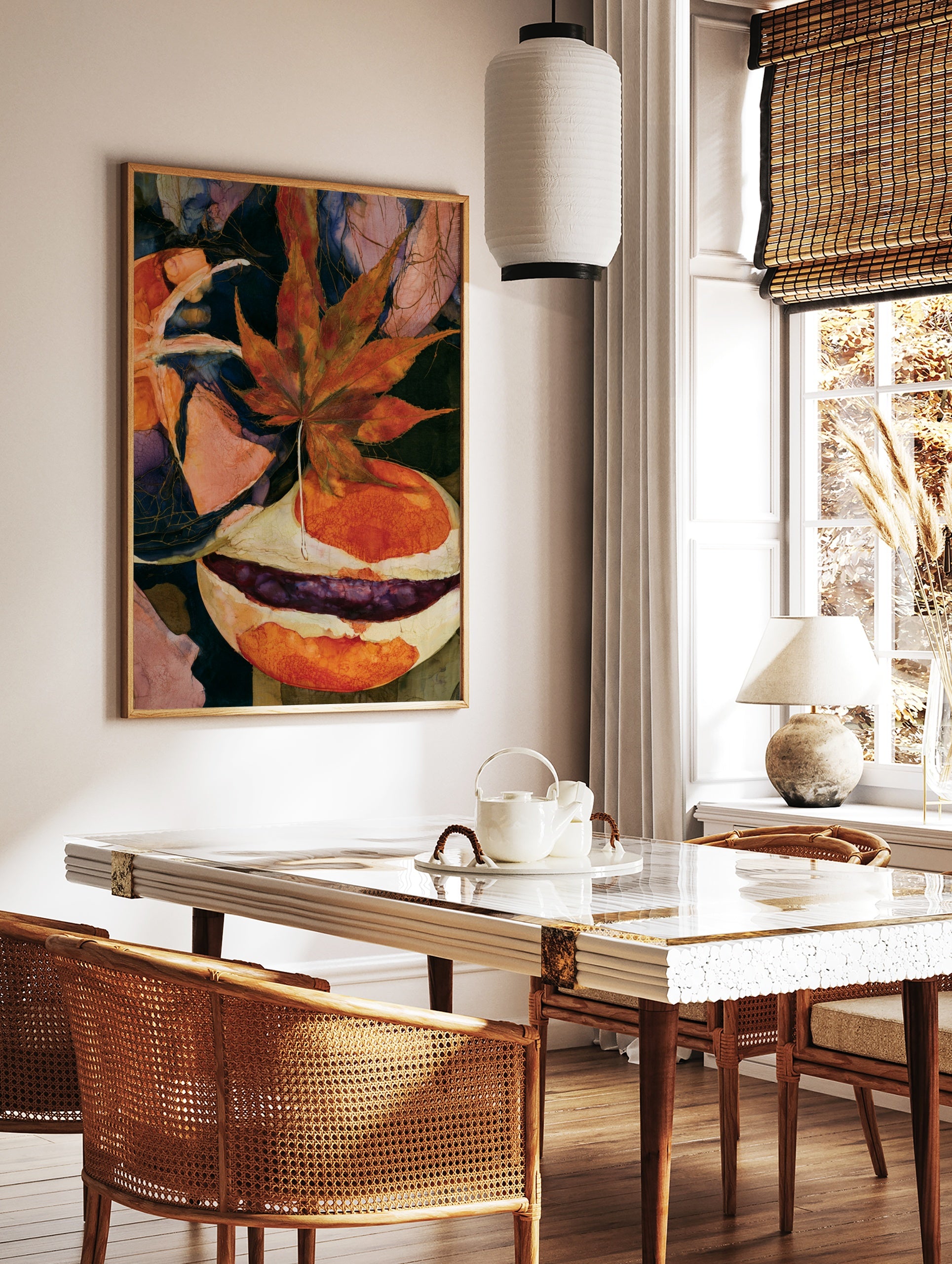 Detailed maple leaf botanical art print with abstract orange and purple shapes on a dark background, in a styled room mockup