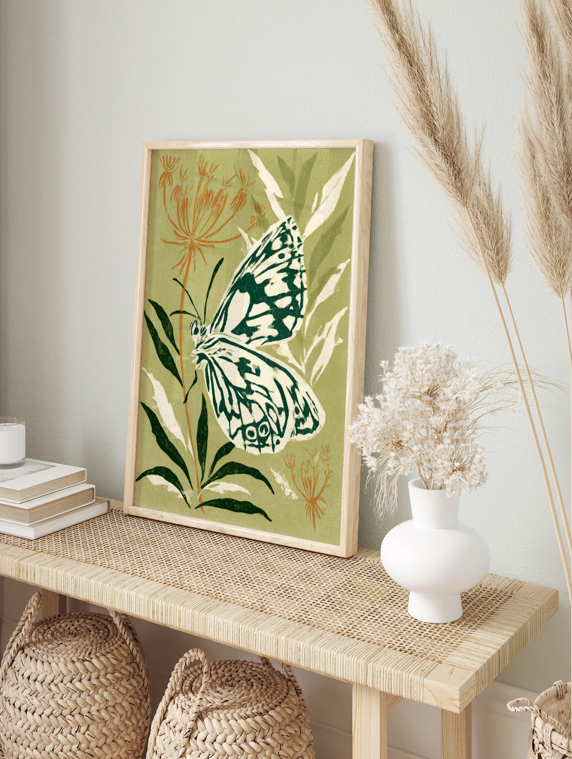 Illustrative marbled white butterfly on plant against olive green background botanical art, in an alternate framed mockup