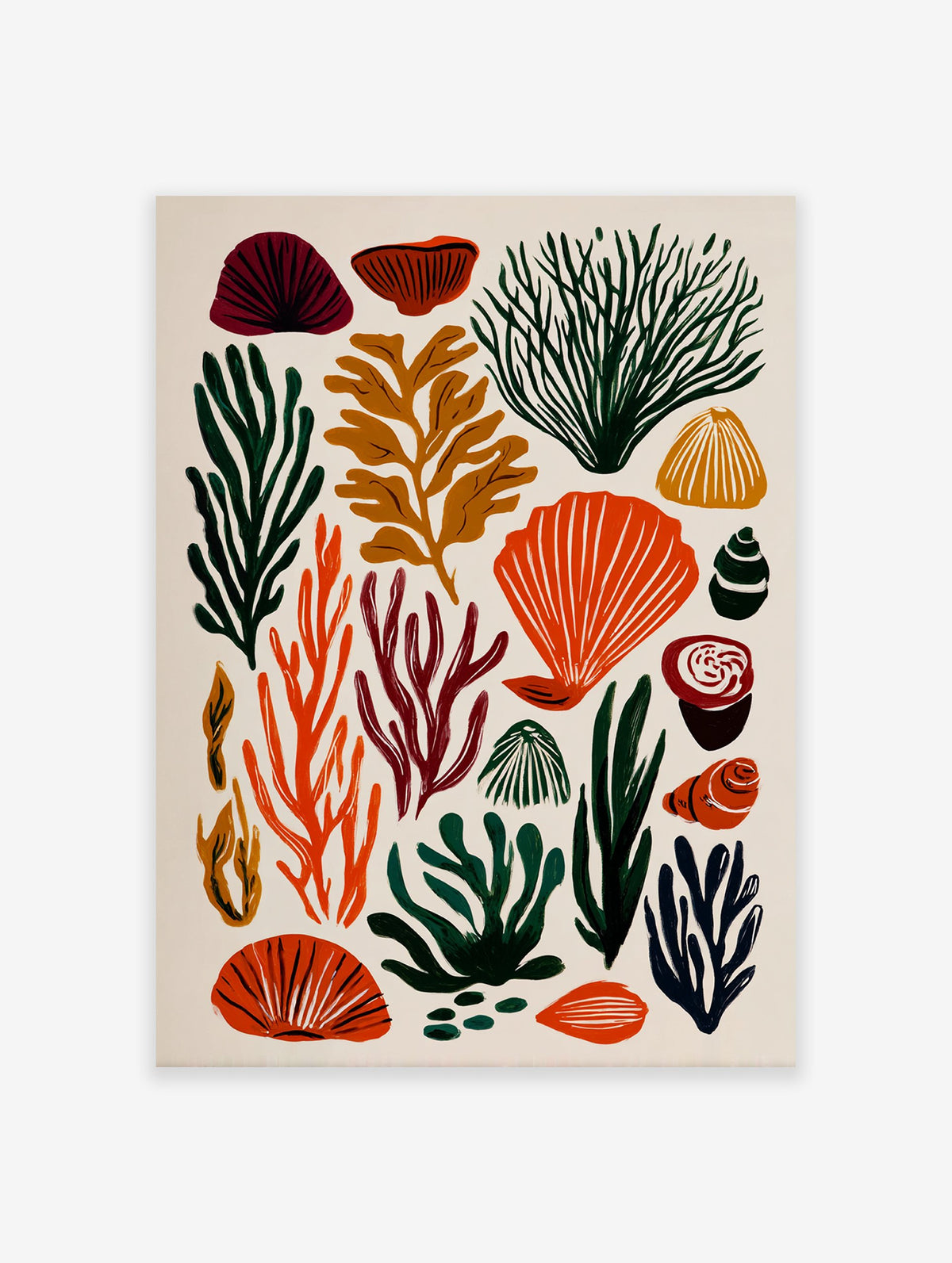 Stylized marine life poster featuring various seaweed, coral, and shell illustrations in green, orange, red, and brown colors.
