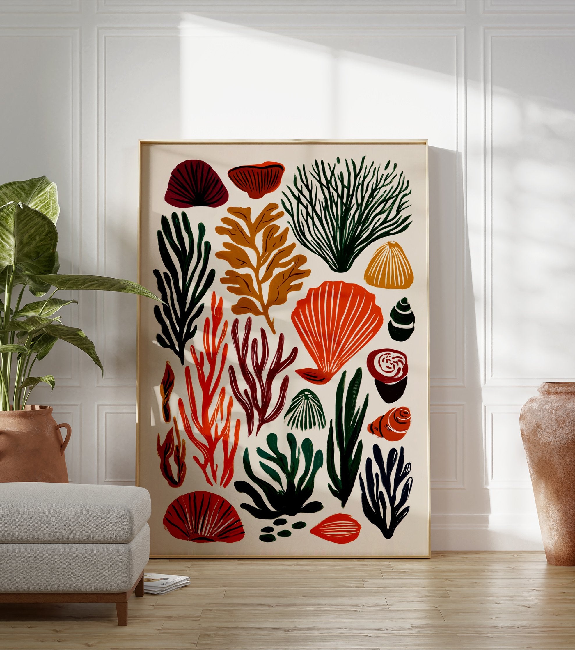 Stylized marine life poster featuring various seaweed, coral, and shell illustrations in green, orange, red, and brown colors. - Image 3