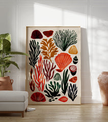 Stylized marine life poster featuring various seaweed, coral, and shell illustrations in green, orange, red, and brown colors. - Image 3