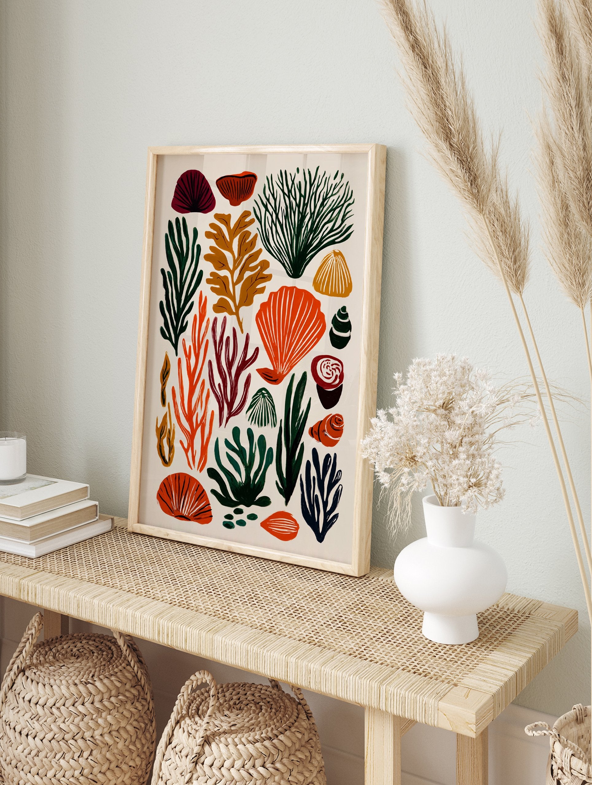 Stylized marine life poster featuring various seaweed, coral, and shell illustrations in green, orange, red, and brown colors. - Image 4