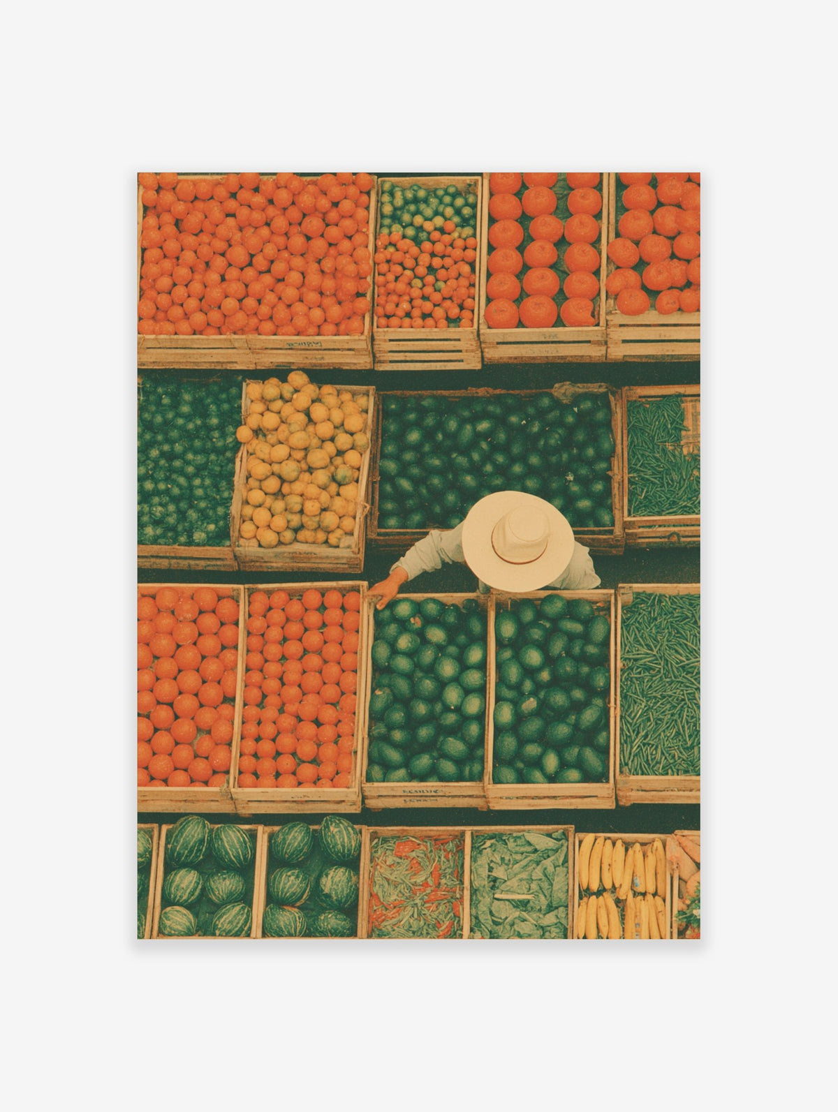 Overhead market stall with crates of oranges, limes, lemons, melons, and green beans, a vendor in a straw hat