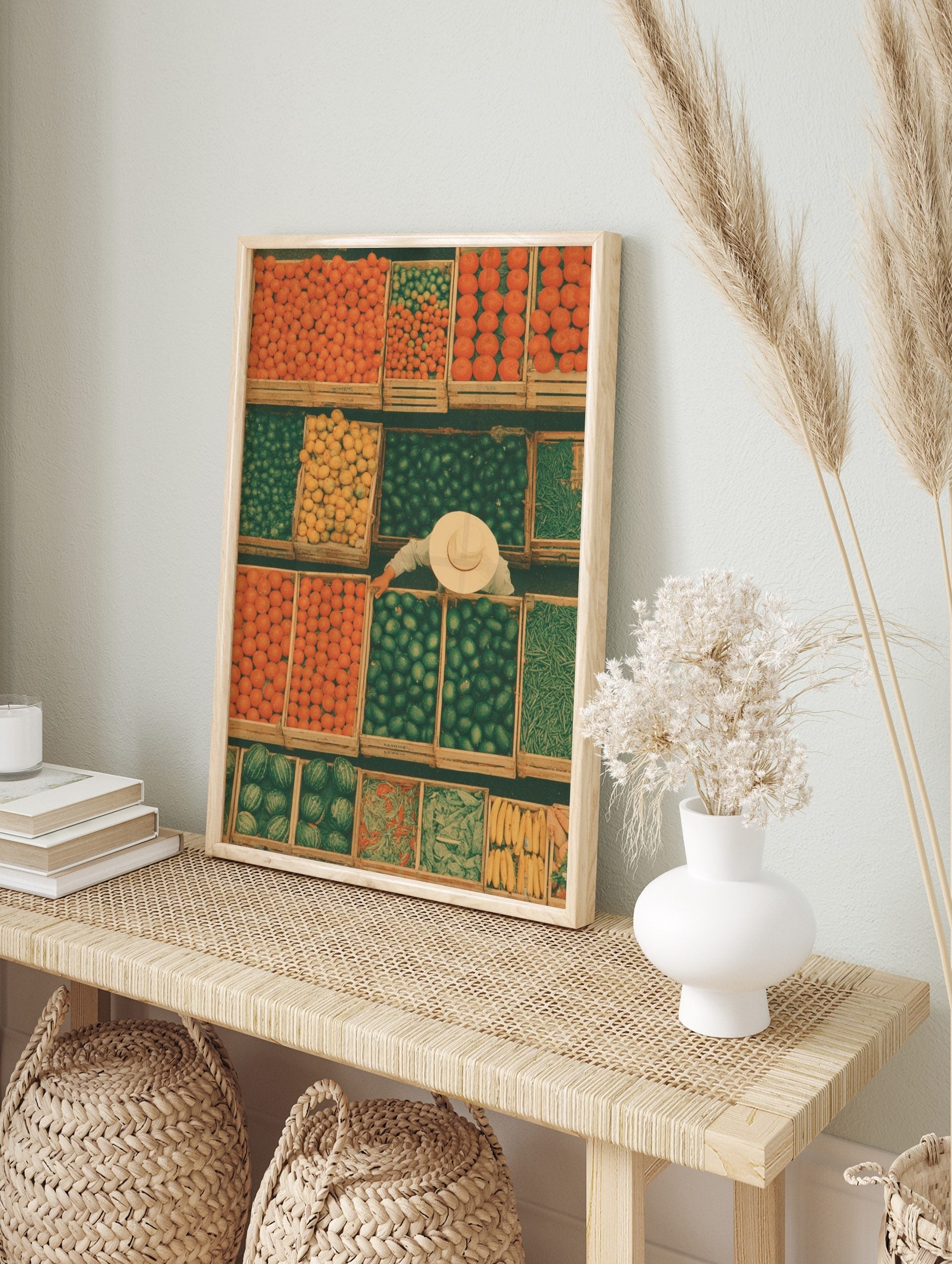 Overhead market stall with crates of oranges, limes, lemons, melons, and green beans, a, in an alternate framed mockup