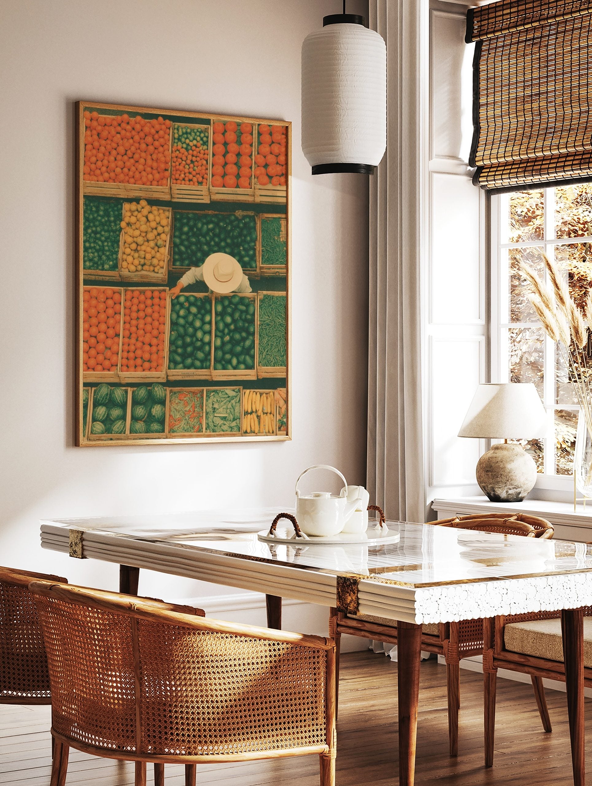 Overhead market stall with crates of oranges, limes, lemons, melons, and green beans, a vendor in a, in a styled room mockup