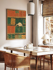 Overhead market stall with crates of oranges, limes, lemons, melons, and green beans, a vendor in a, in a styled room mockup