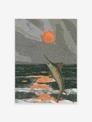 Illustrative art print of a marlin jumping from dark ocean waves under an orange sun in a grey sky