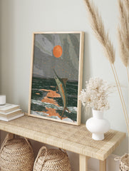 Illustrative art print of a marlin jumping from dark ocean waves under an orange sun in a, in an alternate framed mockup