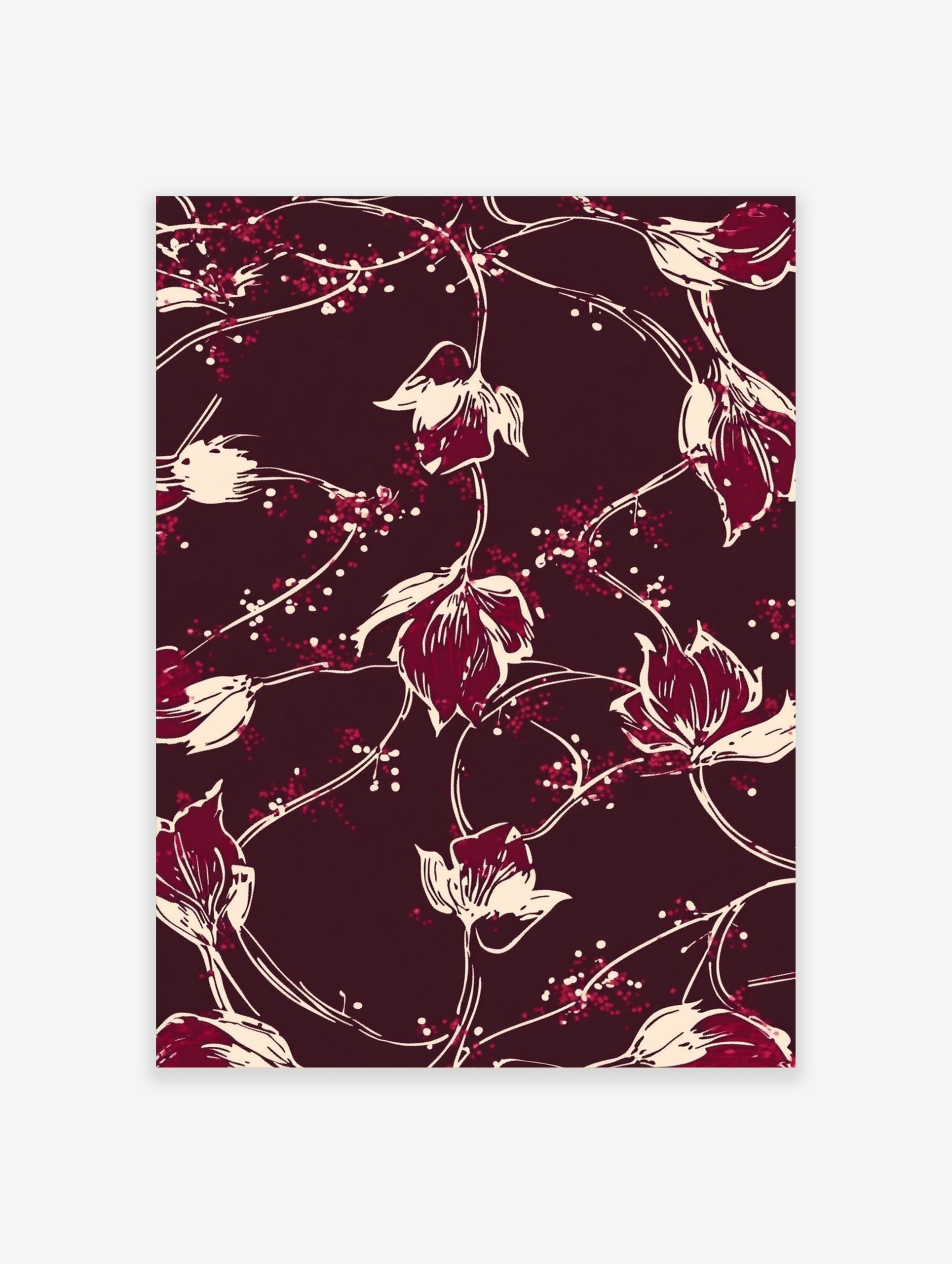 Maroon background with off-white and red illustrative floral vine pattern print