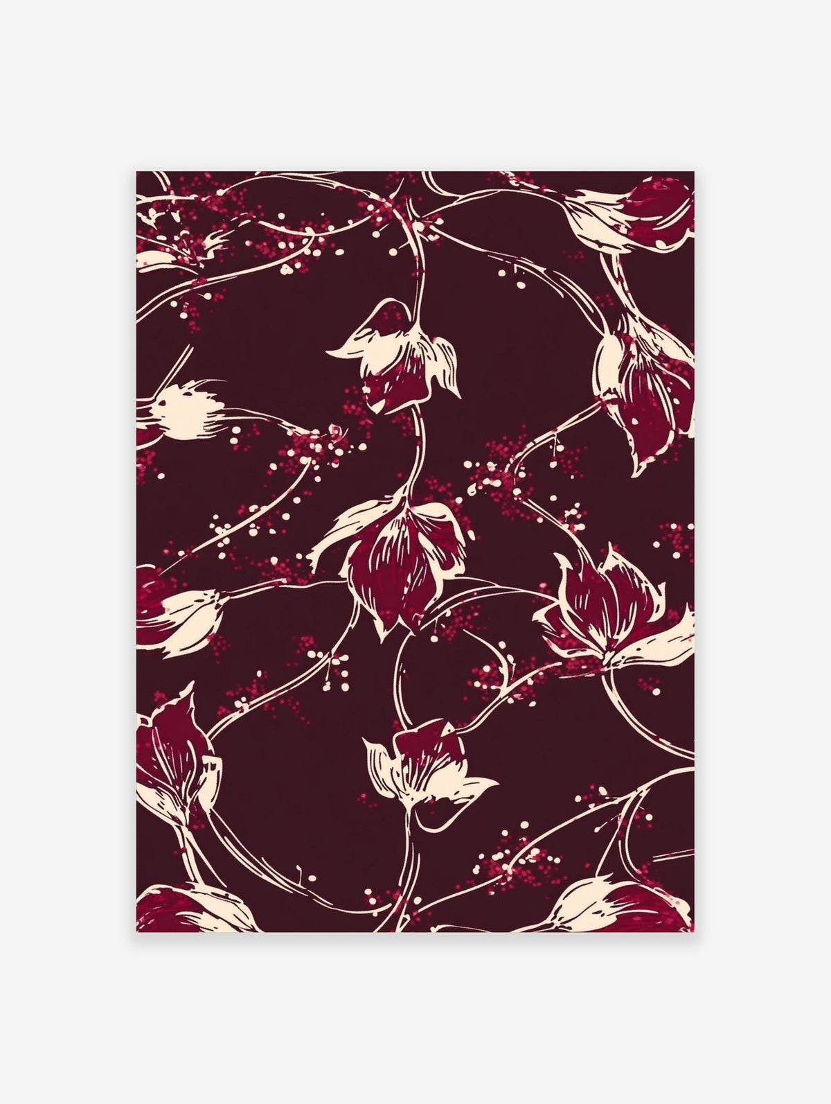 Maroon background with off-white and red illustrative floral vine pattern print