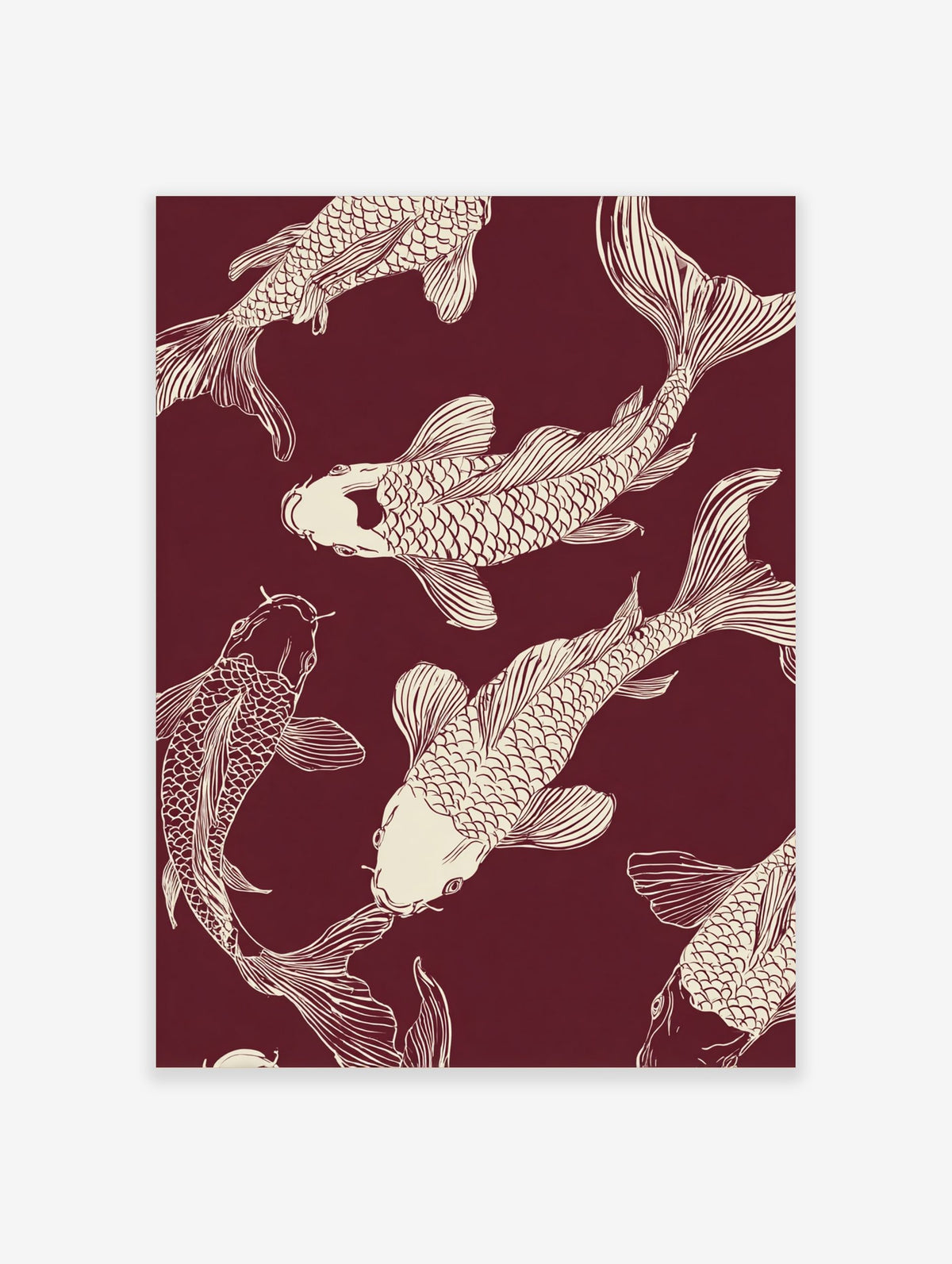 Several off-white Koi fish illustrations swimming on a deep maroon background, in a Japanese illustrative style