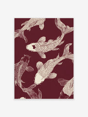 Several off-white Koi fish illustrations swimming on a deep maroon background, in a Japanese illustrative style