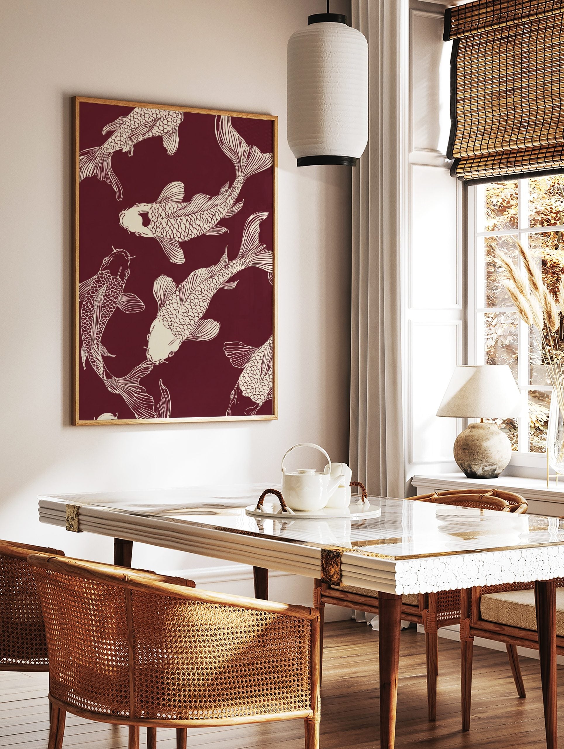 Several off-white Koi fish illustrations swimming on a deep maroon background, in a Japanese, in a styled room mockup