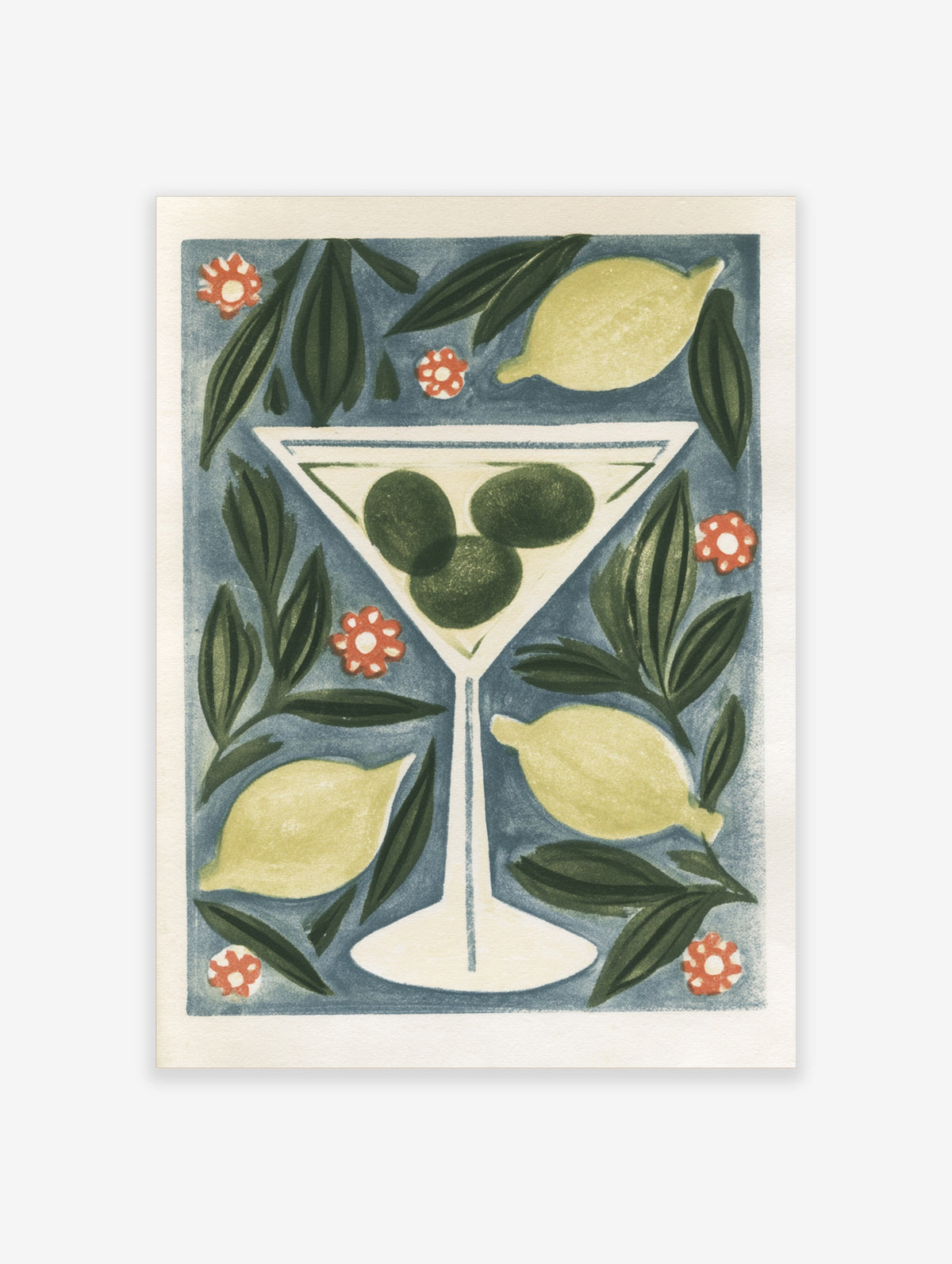Martini cocktail poster with green olives, lemons, and leaves on a blue background