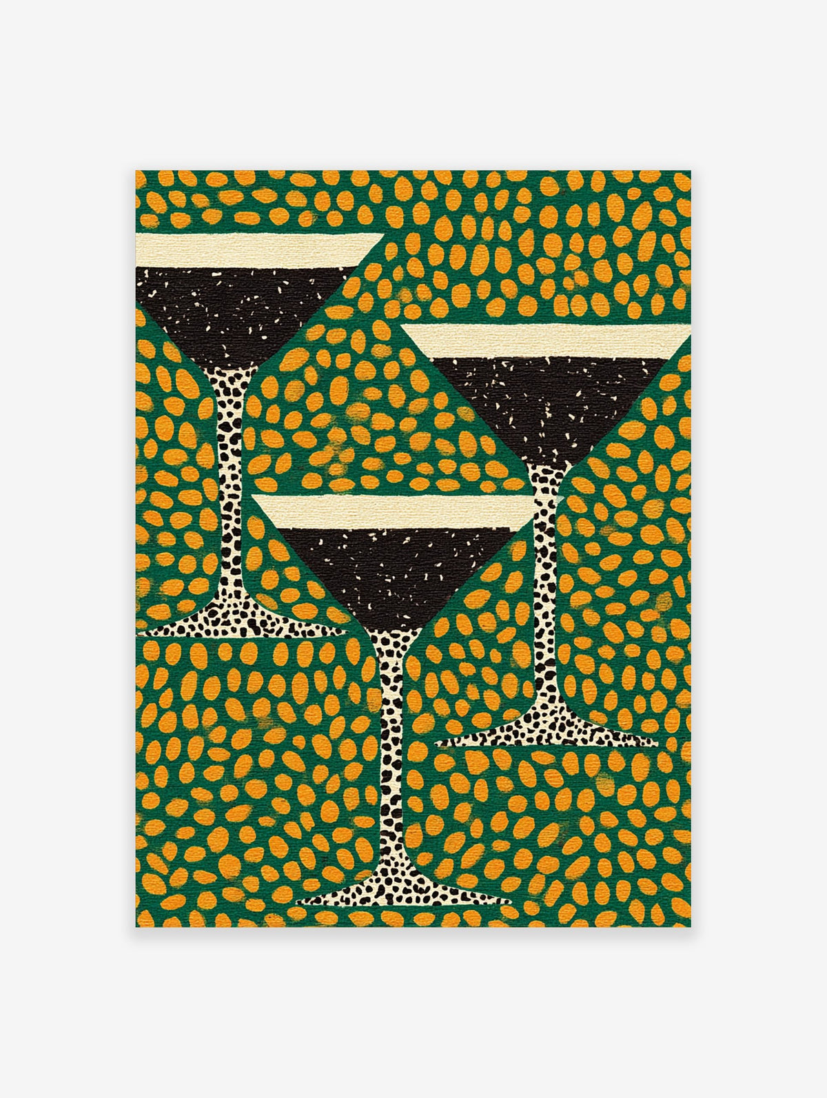 Illustrative martini cocktail glasses with black liquid and white rim on a green background with gold-orange spots