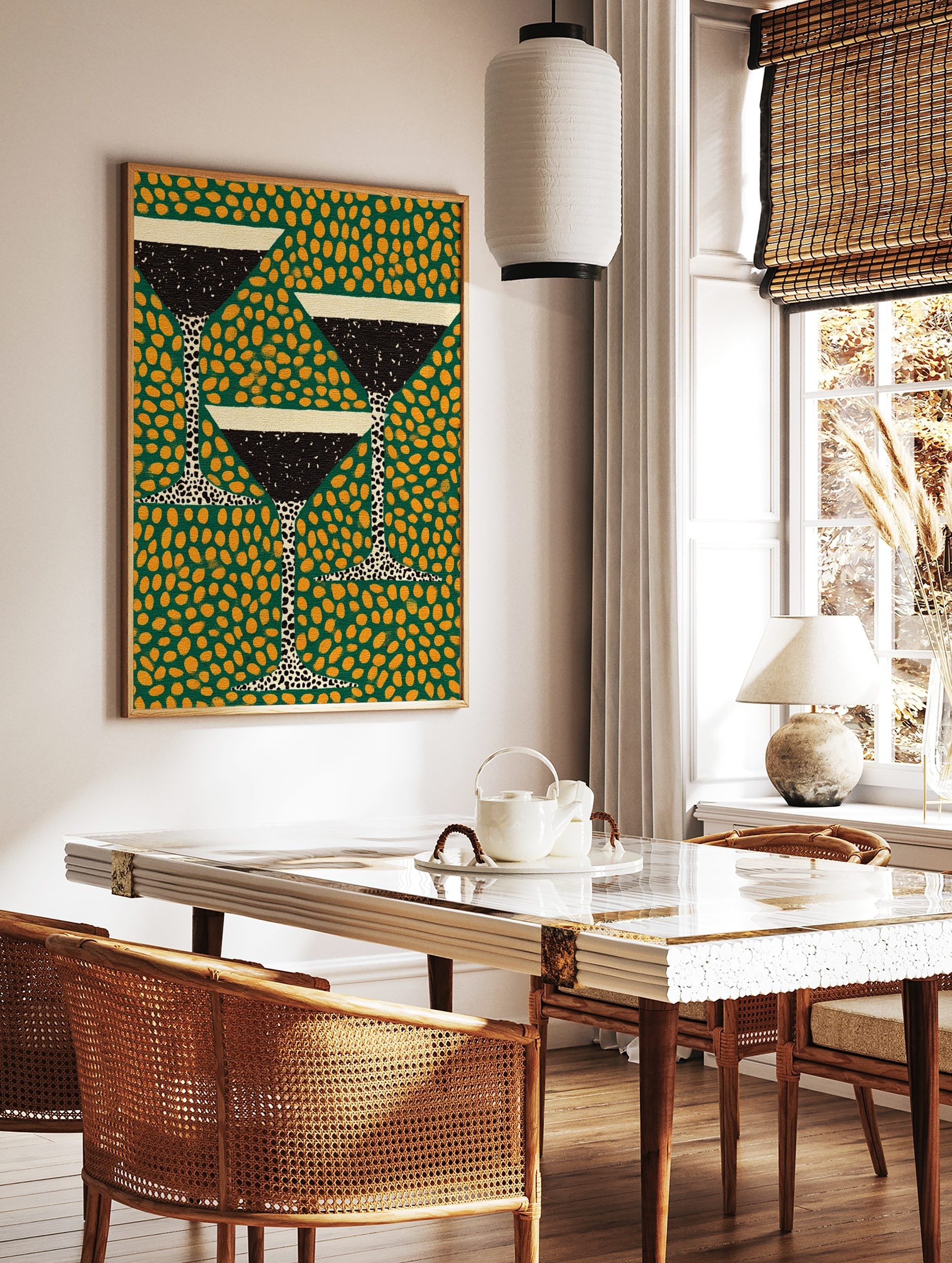 Illustrative martini cocktail glasses with black liquid and white rim on a green background with, in a styled room mockup