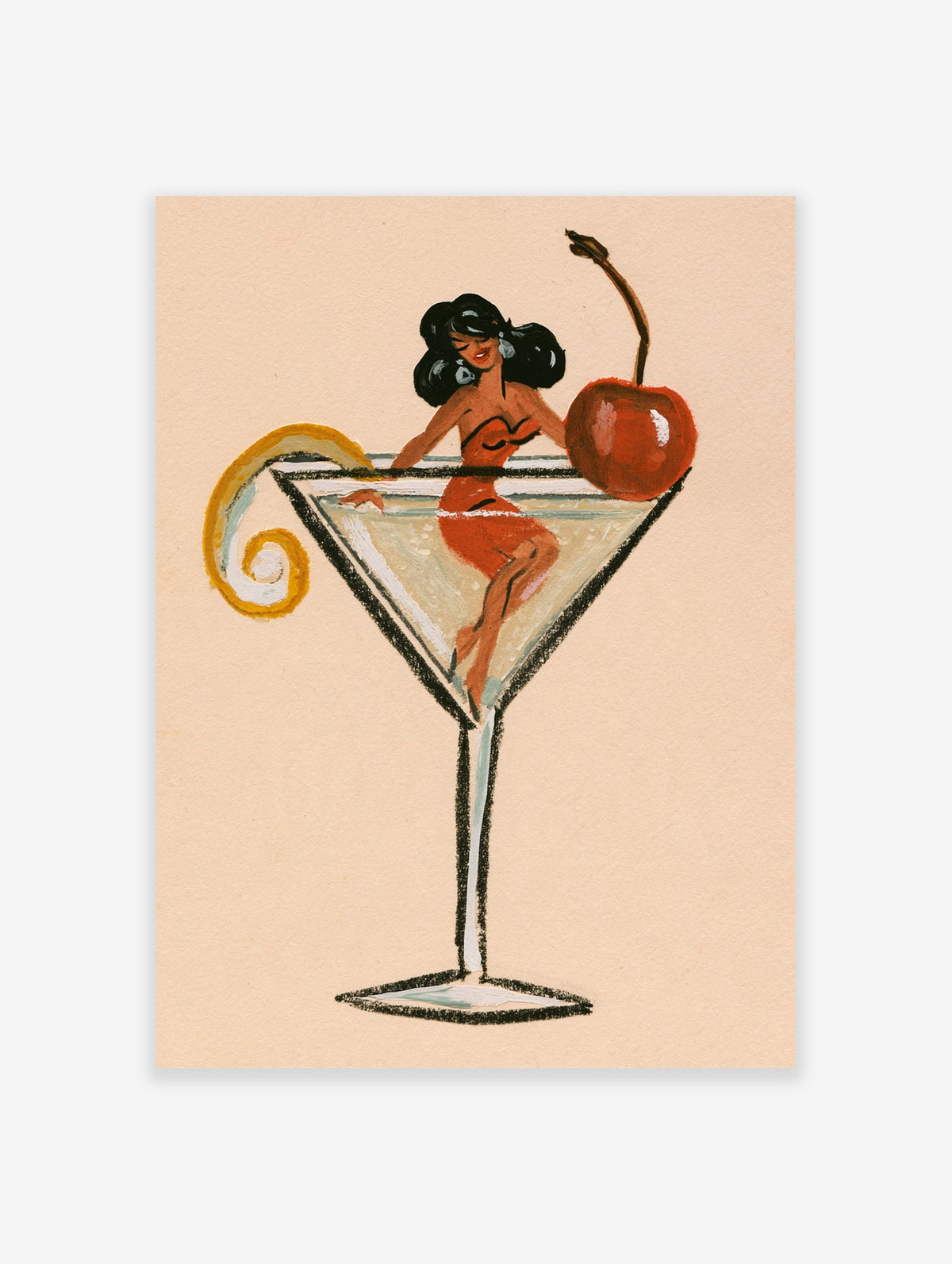 Retro illustration of a woman in a red dress sitting in a martini glass with a cherry, on a neutral background