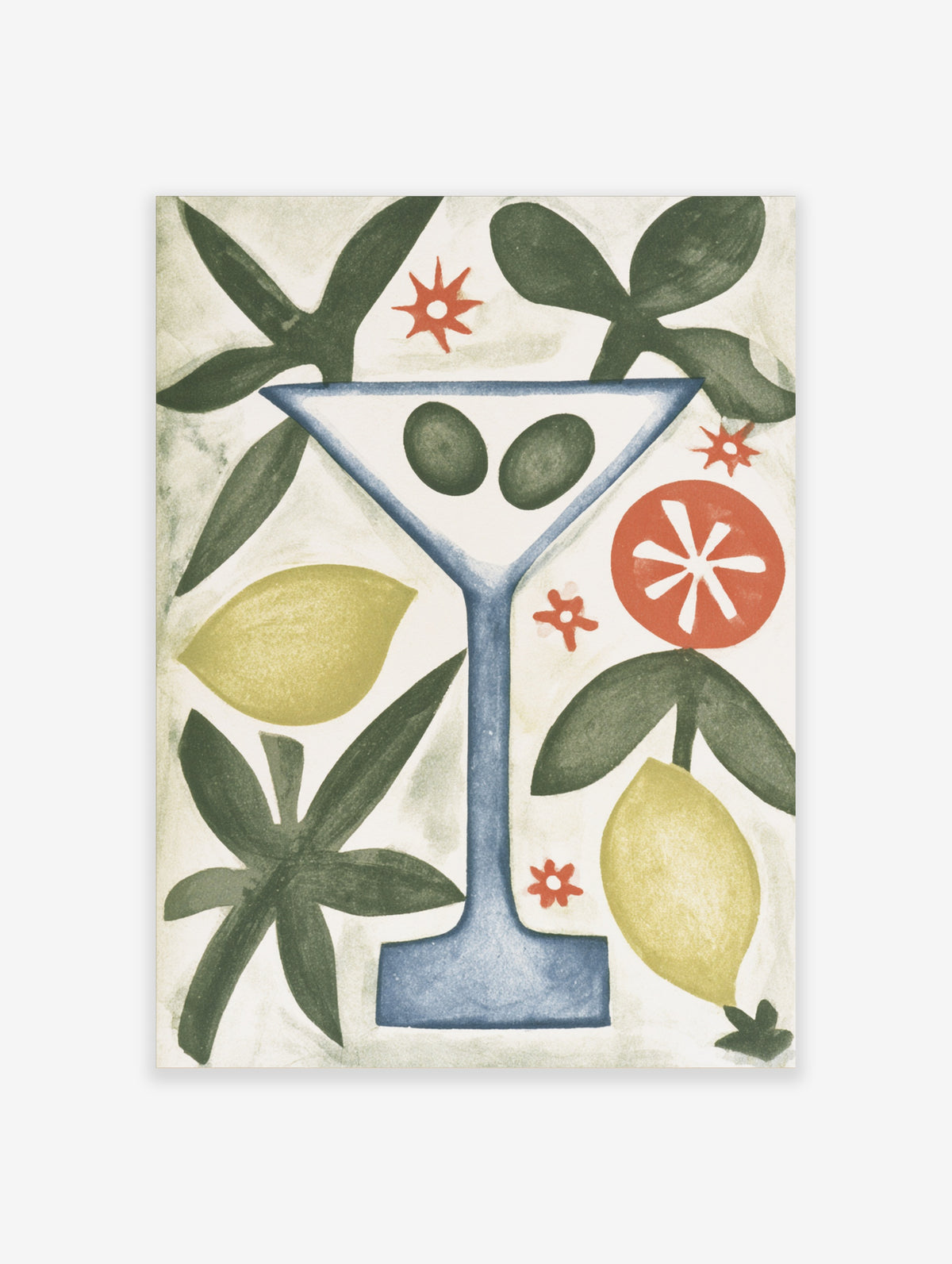 Martini glass poster with green olives, lemon and orange slice on cream background, blue stem and red stars