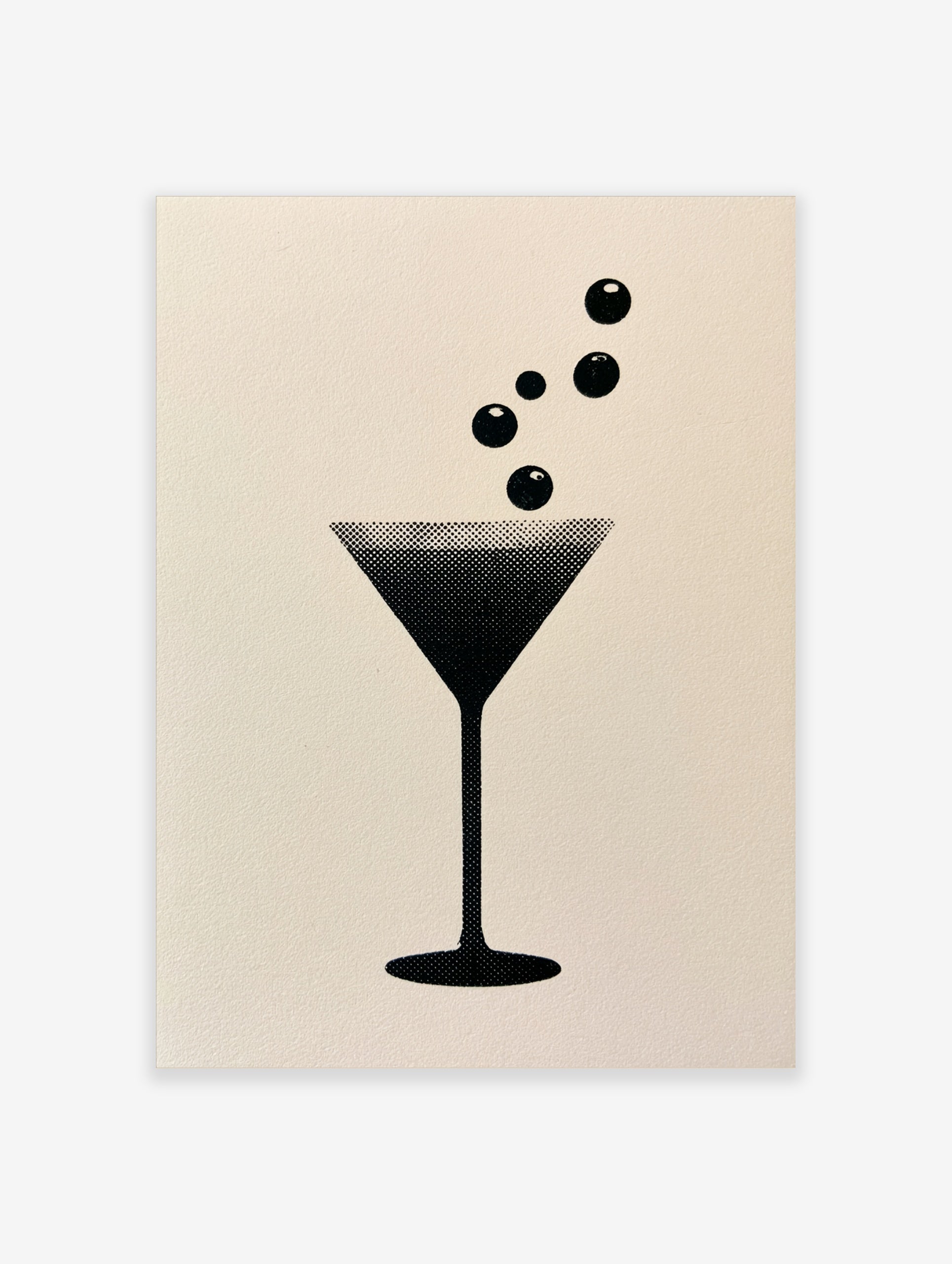 Minimalist martini glass graphic art print with halftone dot texture on a neutral background
