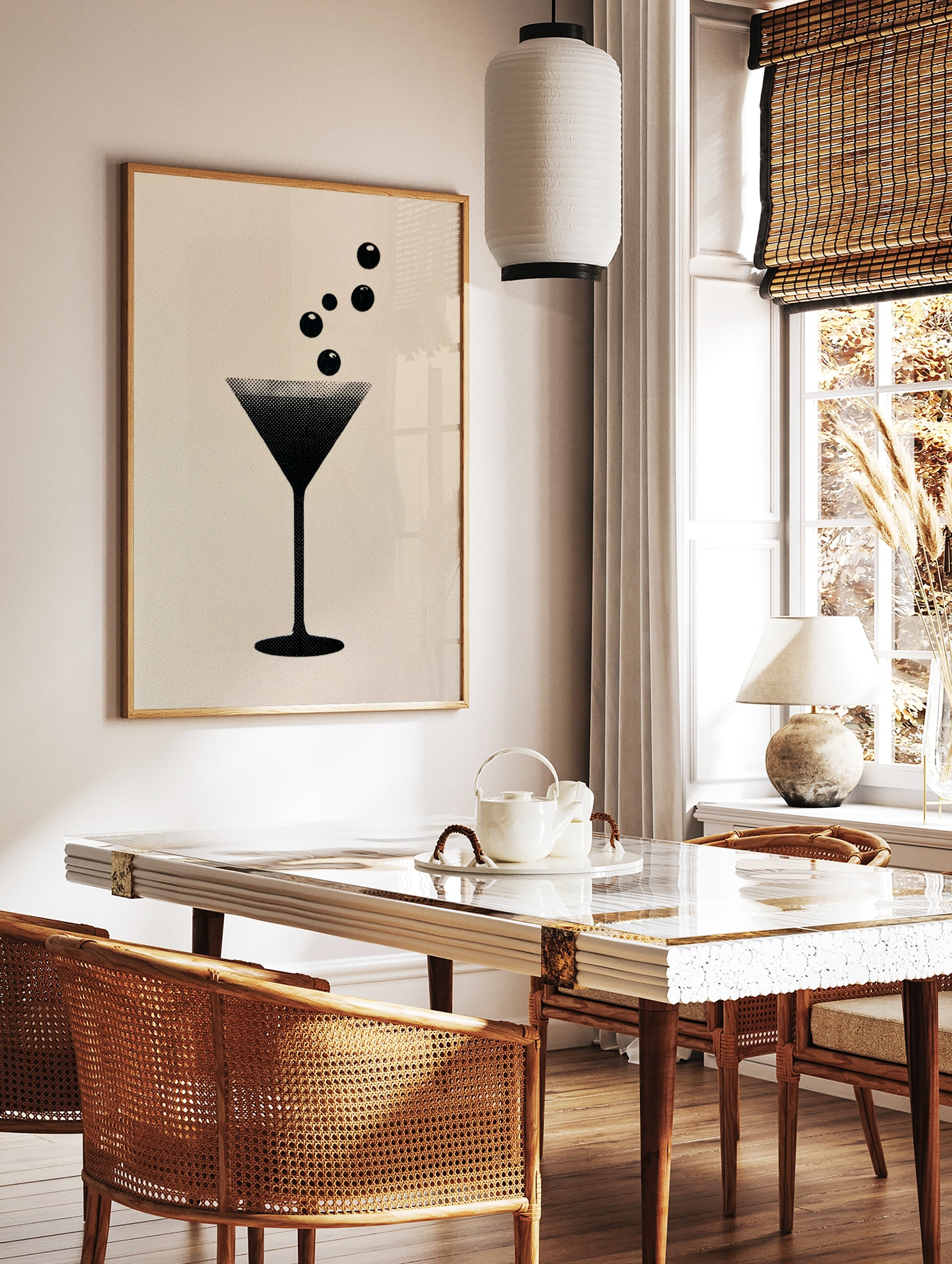 Minimalist martini glass graphic art print with halftone dot texture on a neutral background, in a styled room mockup