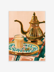 Illustrative art print of a glass of masala chai, a metallic teapot, and cardamom pods on a patterned tray