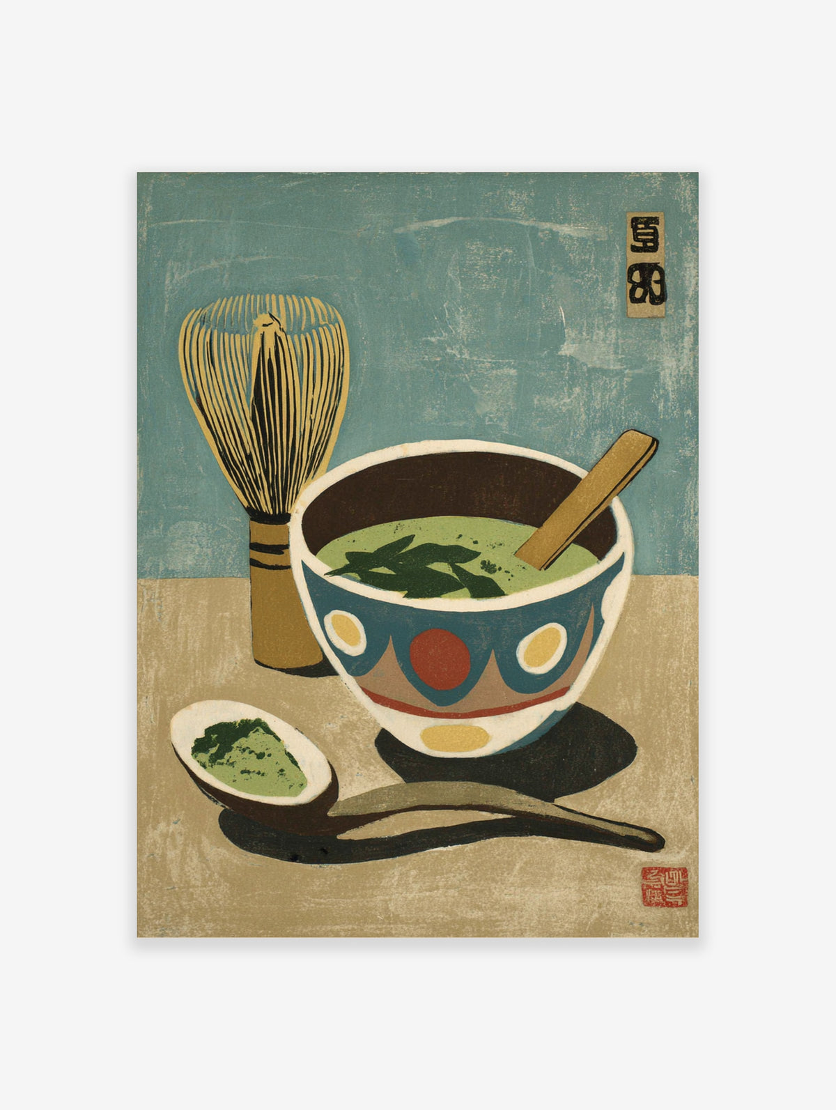 Matcha tea ceremony poster with blue bowl, bamboo whisk, scoop and green tea powder