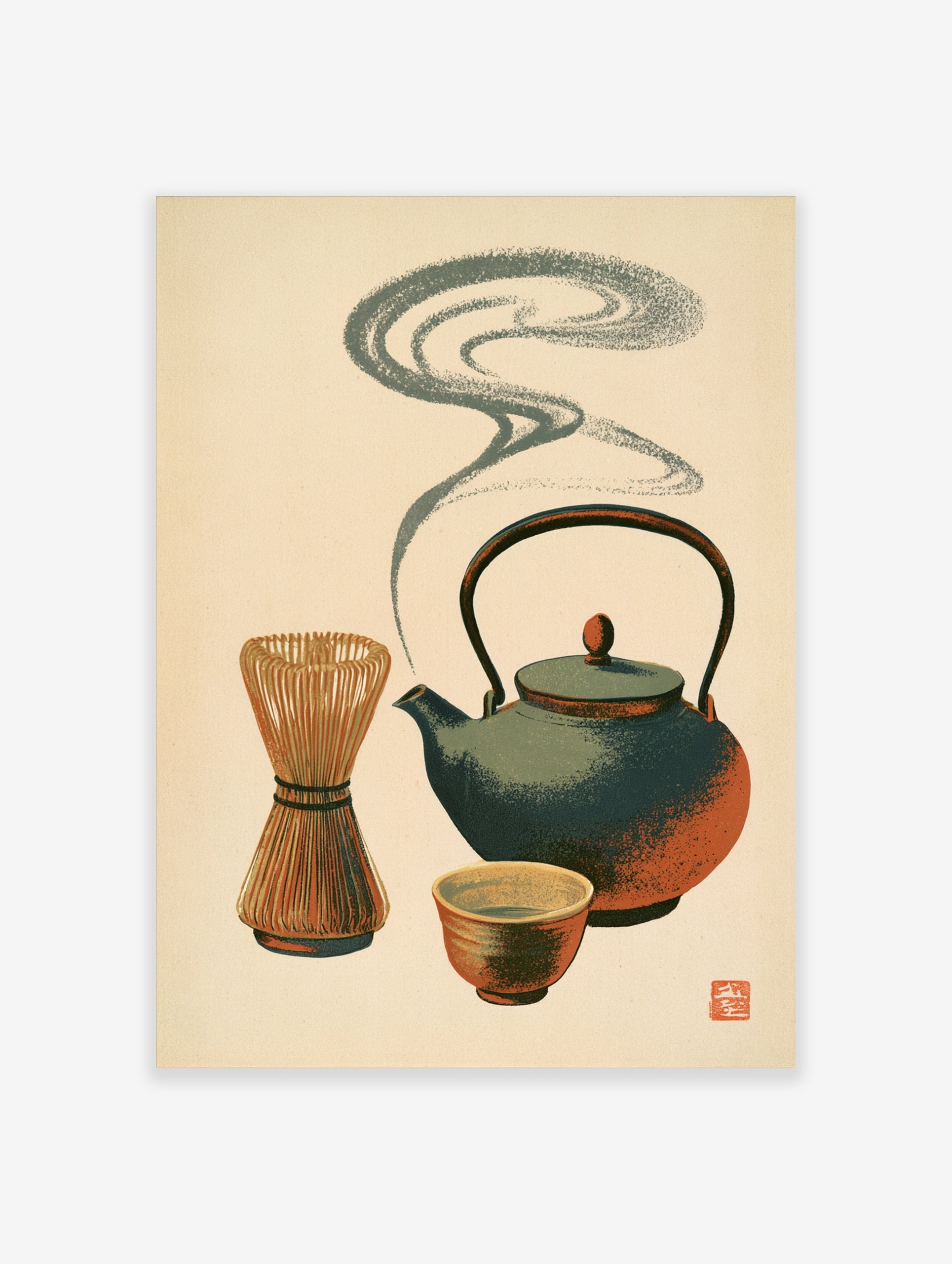 Japanese matcha tea set illustration with teapot, whisk, and bowl in teal and terracotta on a cream background