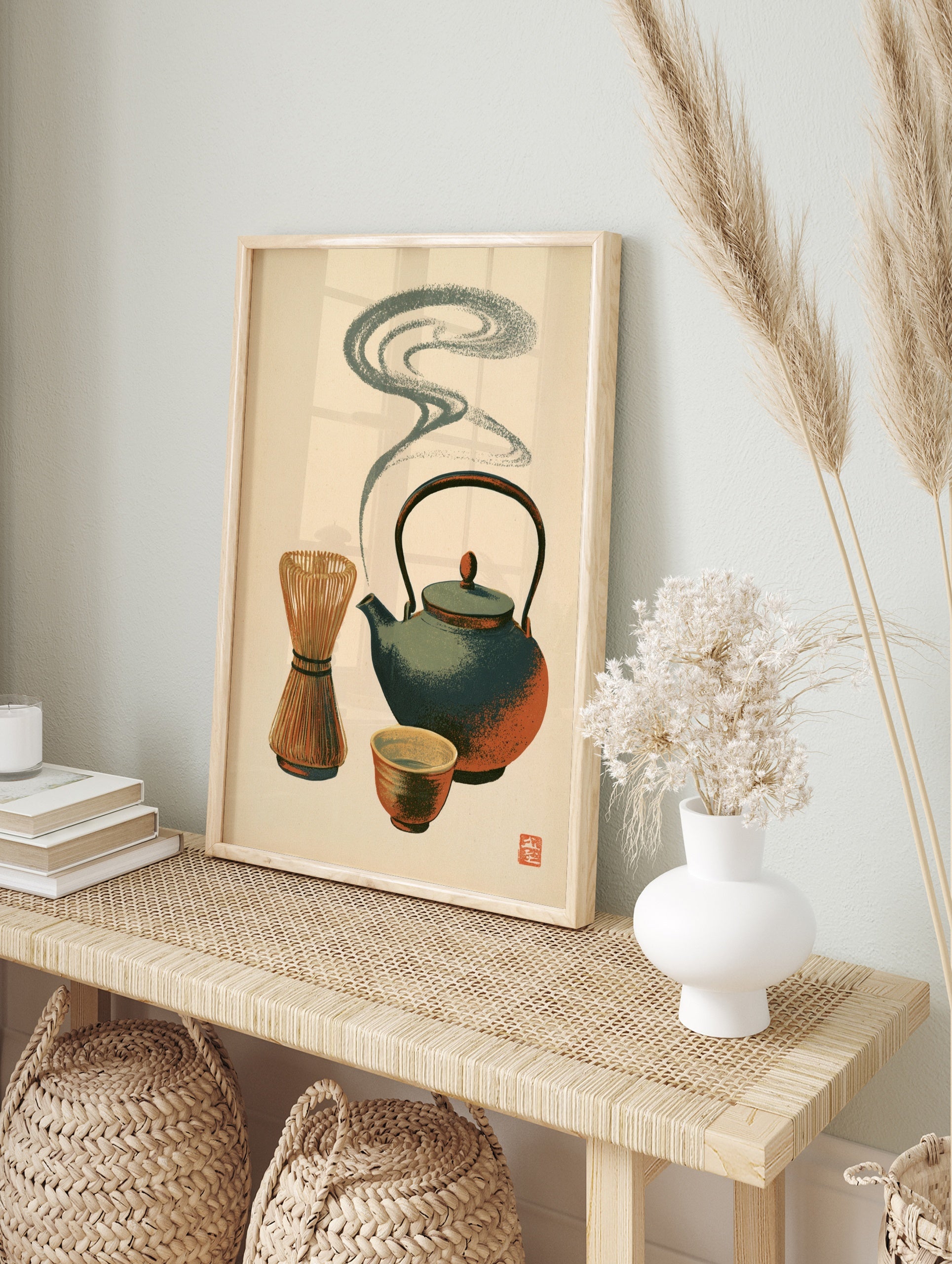 Japanese matcha tea set illustration with teapot, whisk, and bowl in teal and terracotta on a, in an alternate framed mockup