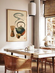Japanese matcha tea set illustration with teapot, whisk, and bowl in teal and terracotta on a cream, in a styled room mockup