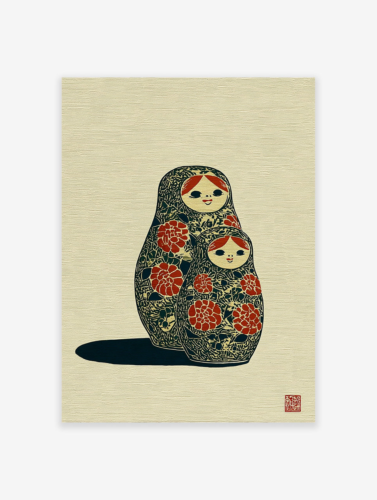 Matryoshka Doll Art print showing two Russian nesting dolls, one large and one small, decorated with red floral patterns.