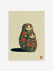 Matryoshka Doll Art print showing two Russian nesting dolls, one large and one small, decorated with red floral patterns.