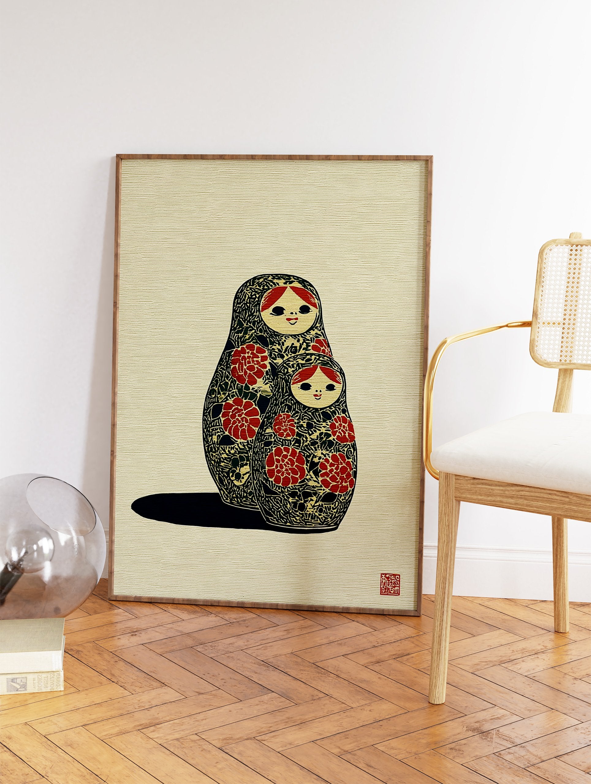 Matryoshka Doll Art print showing two Russian nesting dolls, one large and one small, decorated with red floral patterns. - Image 2