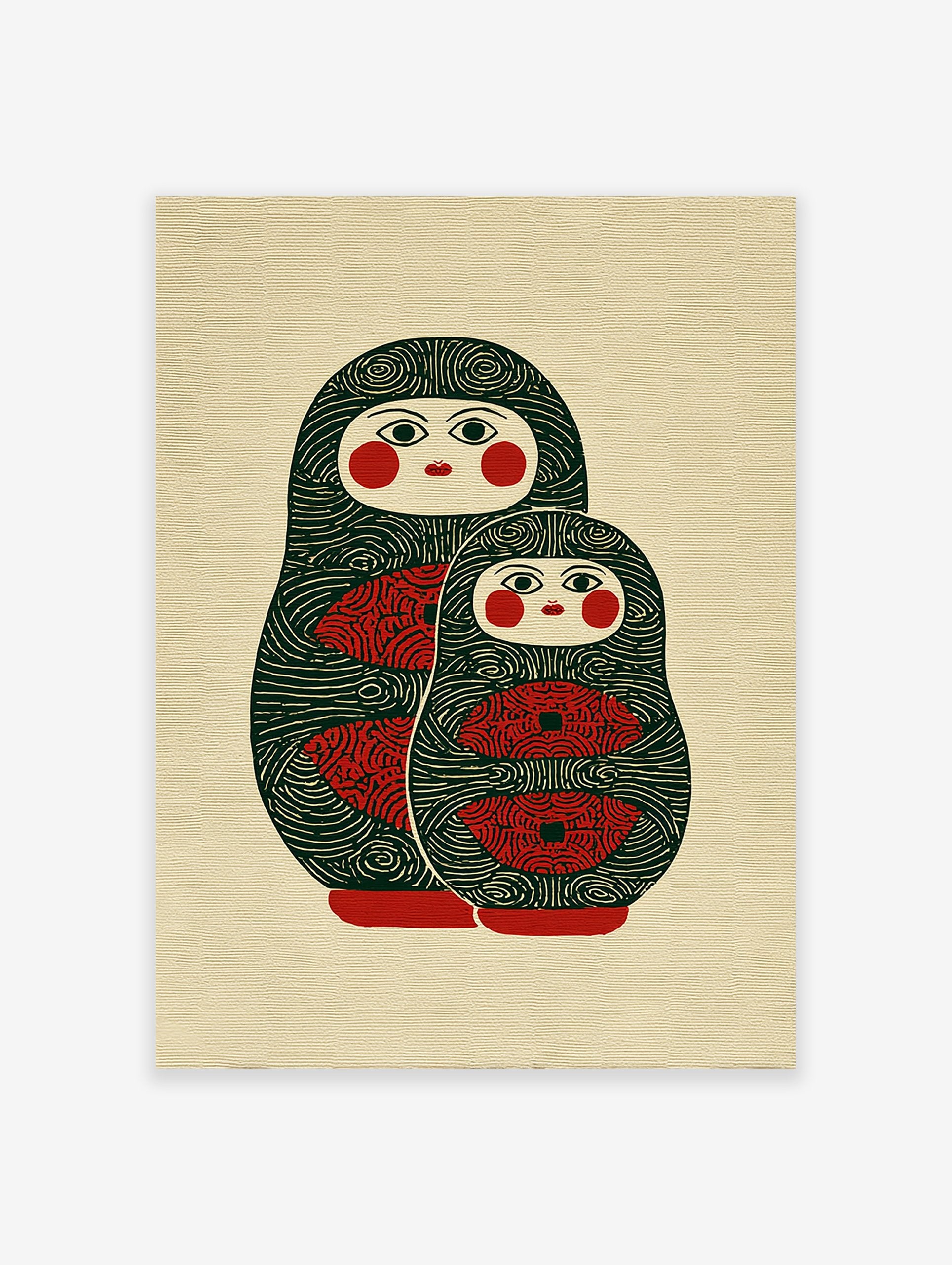 Matryoshka doll art print featuring two stylized Russian nesting dolls in dark green, red, and cream colors.