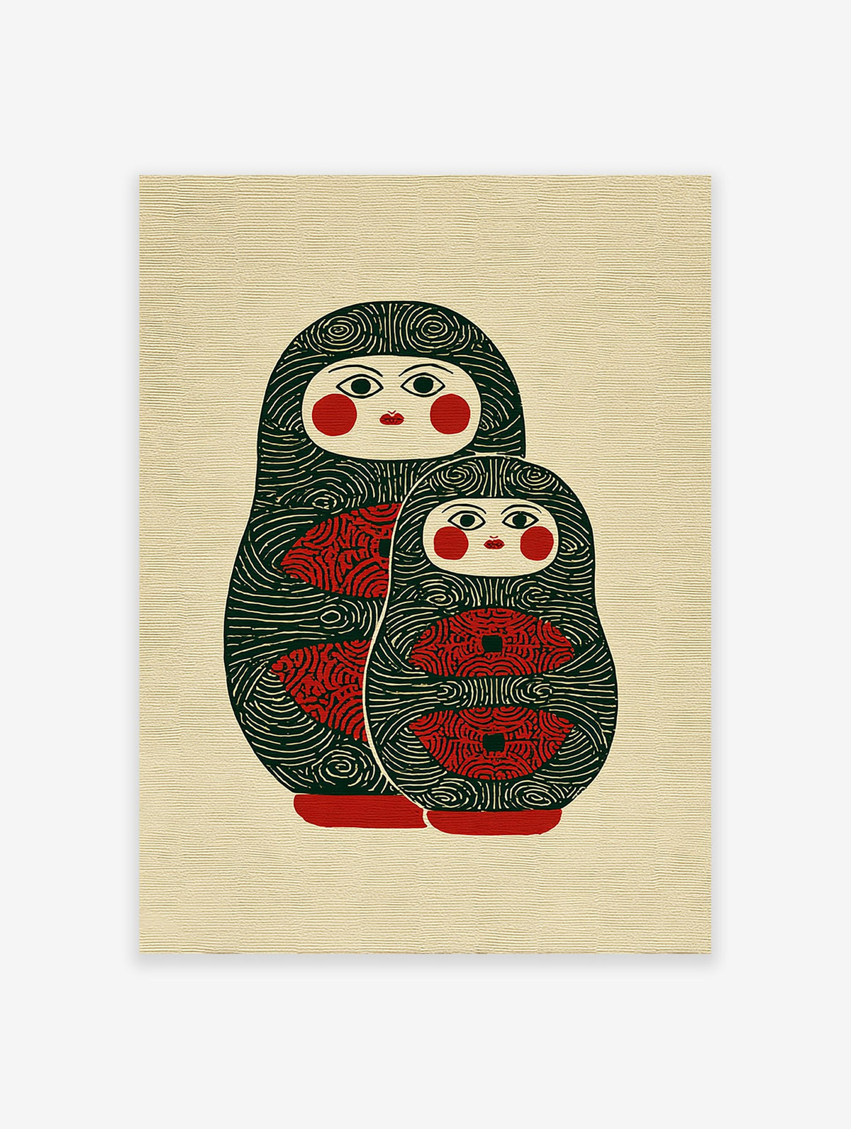 Matryoshka doll art print featuring two stylized Russian nesting dolls in dark green, red, and cream colors.