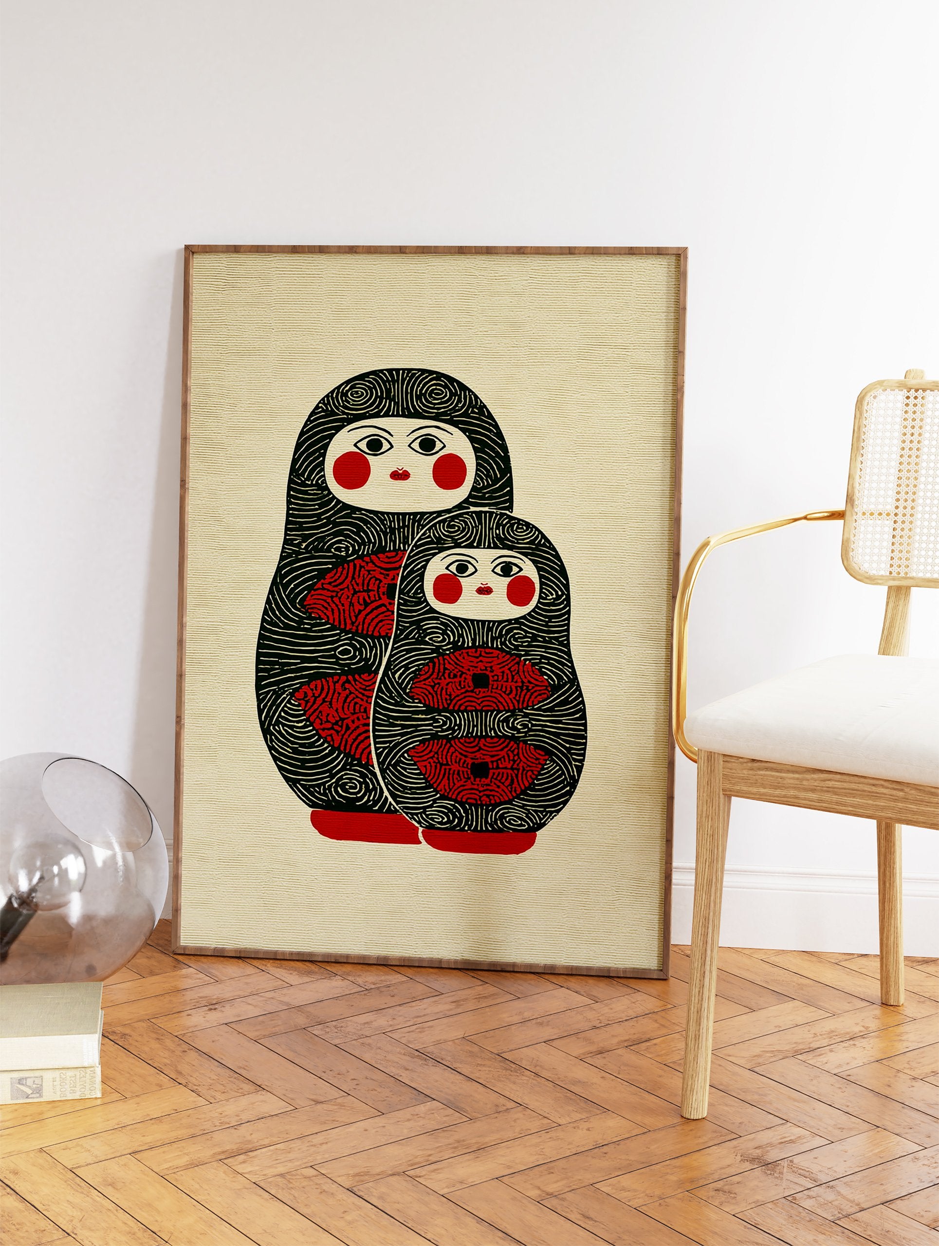 Matryoshka doll art print featuring two stylized Russian nesting dolls in dark green, red, and cream colors. - Image 2