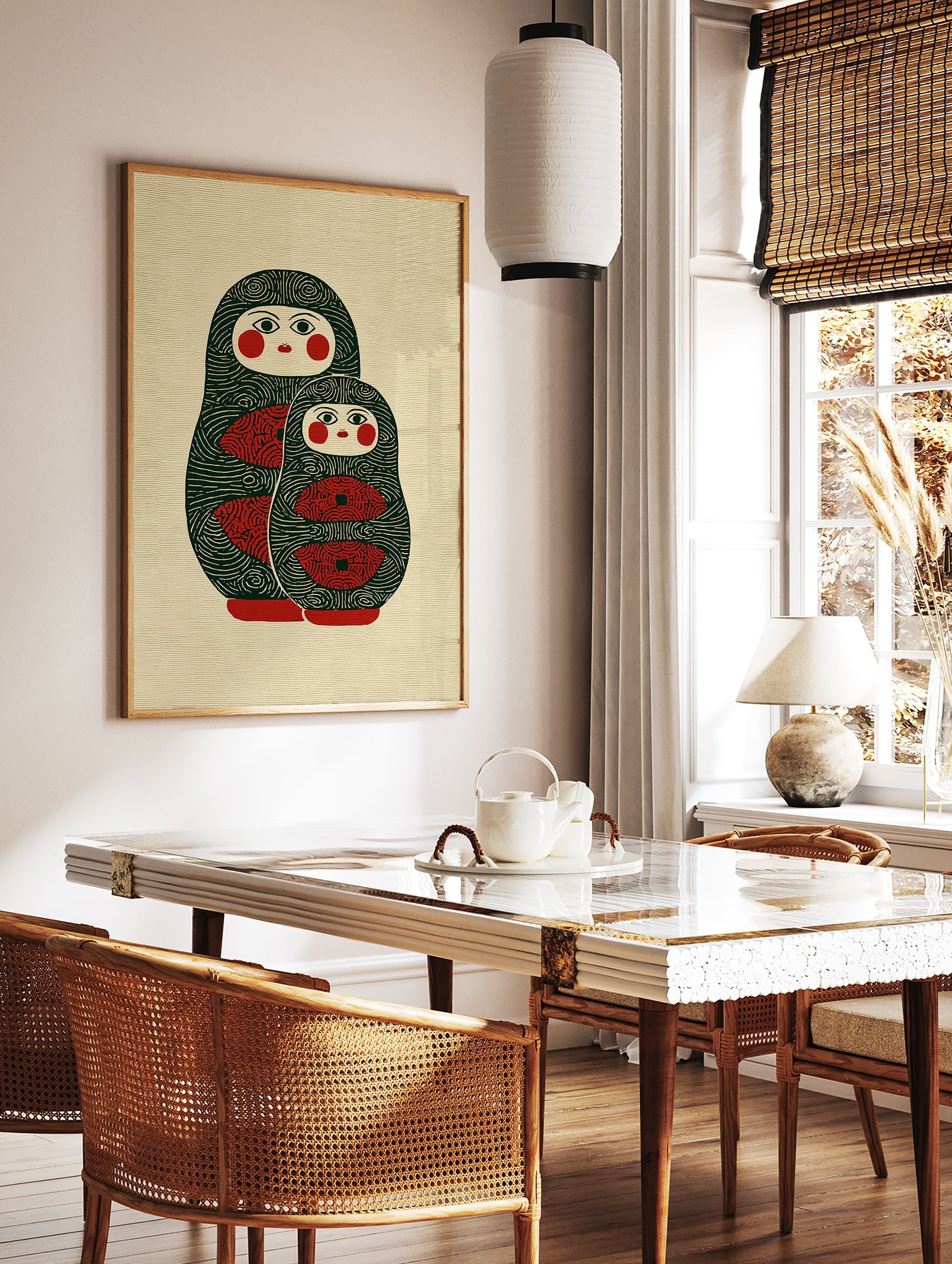 Matryoshka doll art print featuring two stylized Russian nesting dolls in dark green, red, and cream colors. - Image 3
