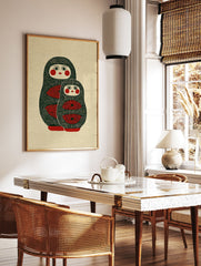 Matryoshka doll art print featuring two stylized Russian nesting dolls in dark green, red, and cream colors. - Image 3