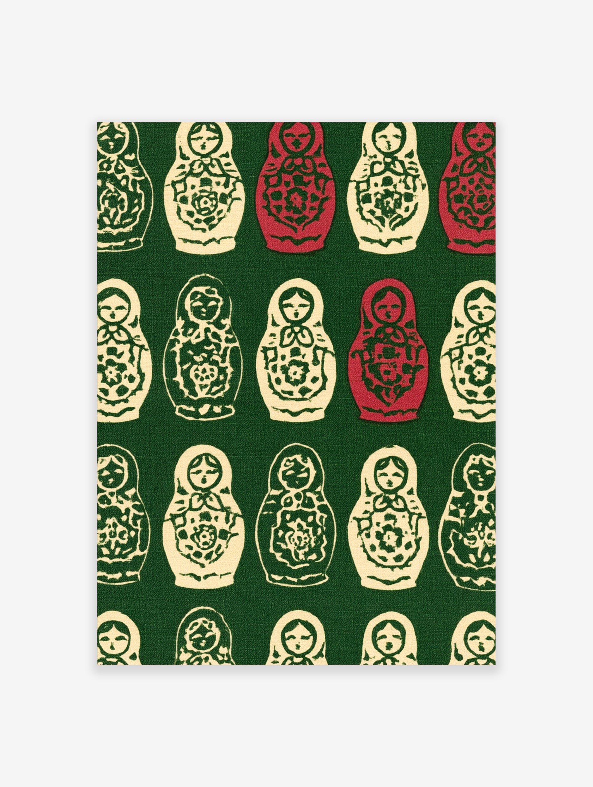 Repeating pattern of cream and red Russian Matryoshka nesting dolls with floral designs on a deep green background