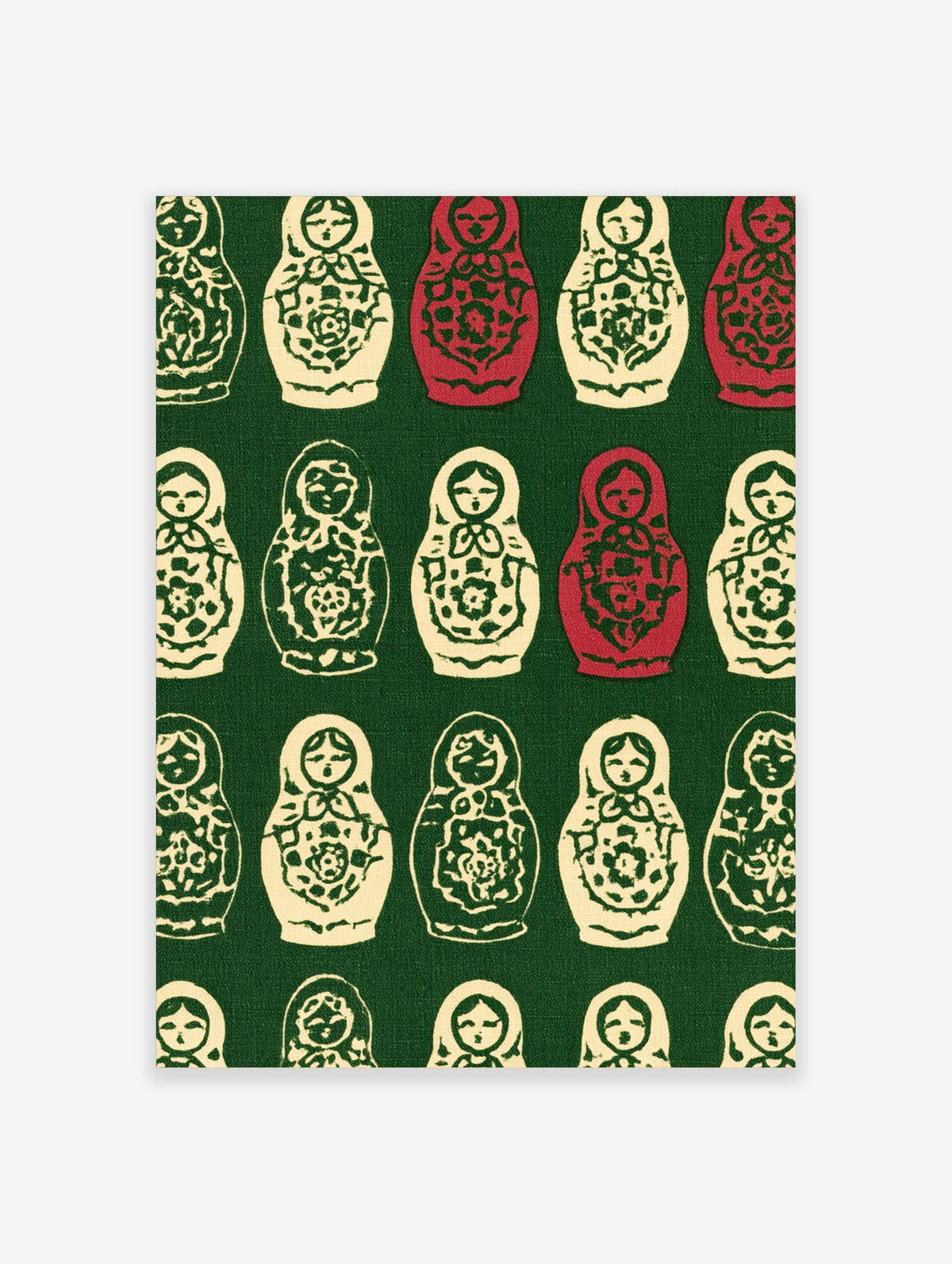 Repeating pattern of cream and red Russian Matryoshka nesting dolls with floral designs on a deep green background
