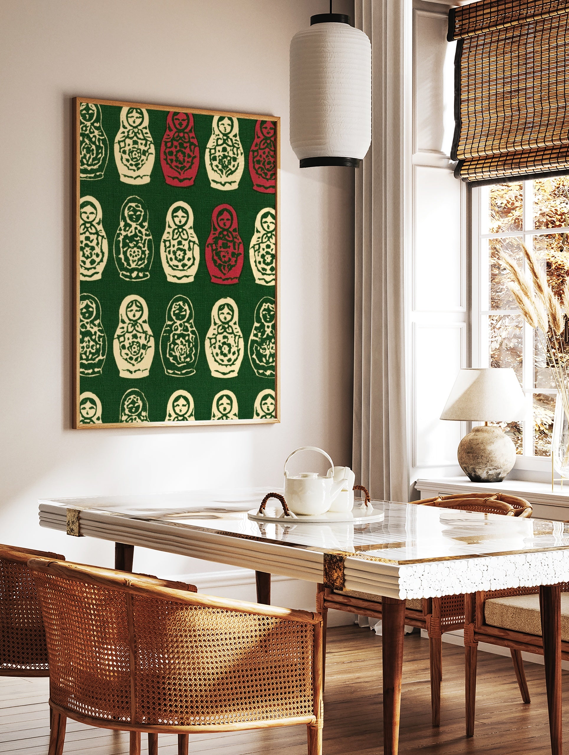 Repeating pattern of cream and red Russian Matryoshka nesting dolls with floral designs on a deep, in a styled room mockup