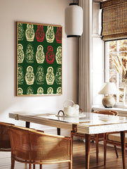 Repeating pattern of cream and red Russian Matryoshka nesting dolls with floral designs on a deep, in a styled room mockup