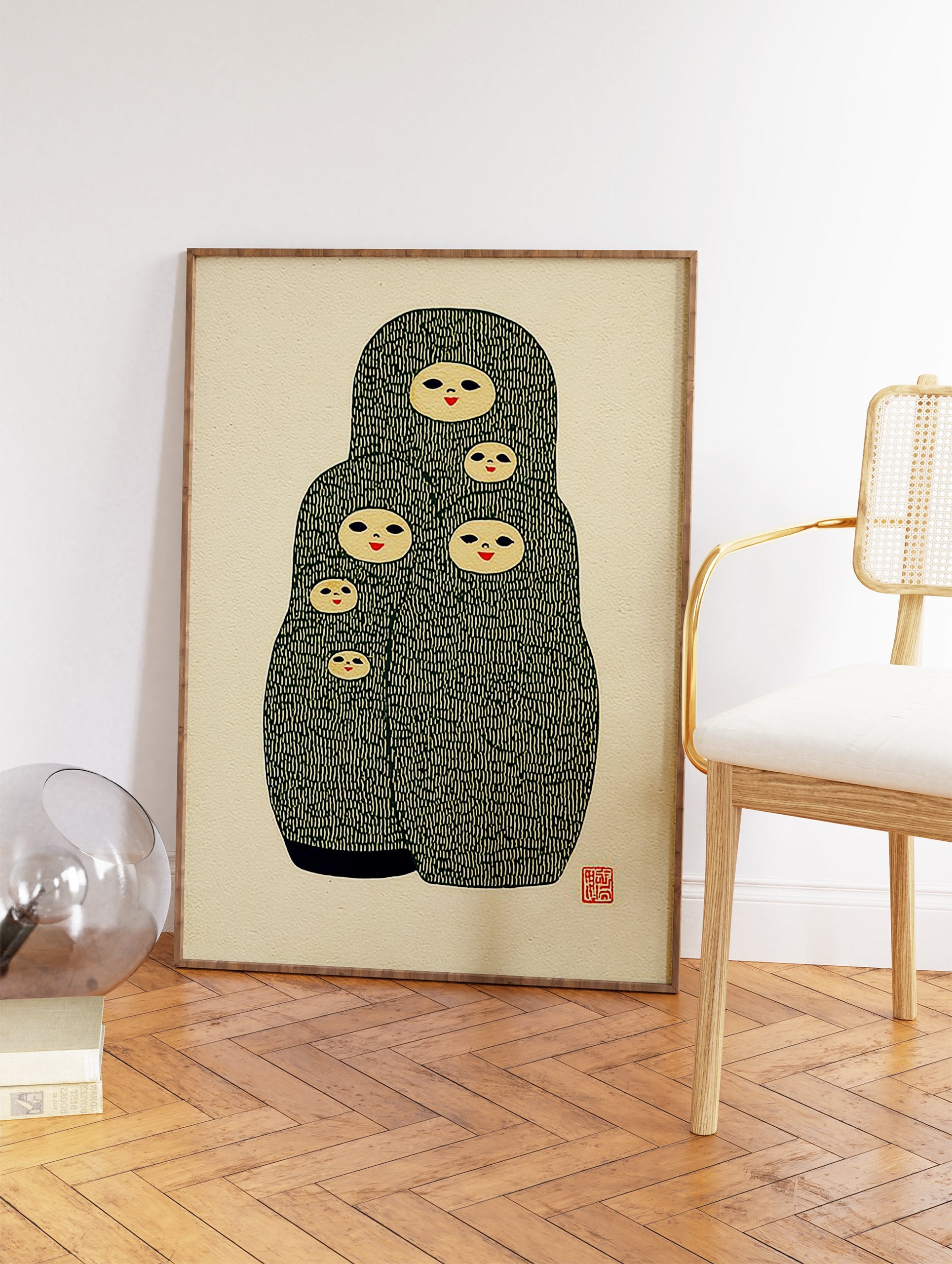 Green Matryoshka doll poster featuring five nested dolls with smiling faces on a cream background, folk art illustration. - Image 2