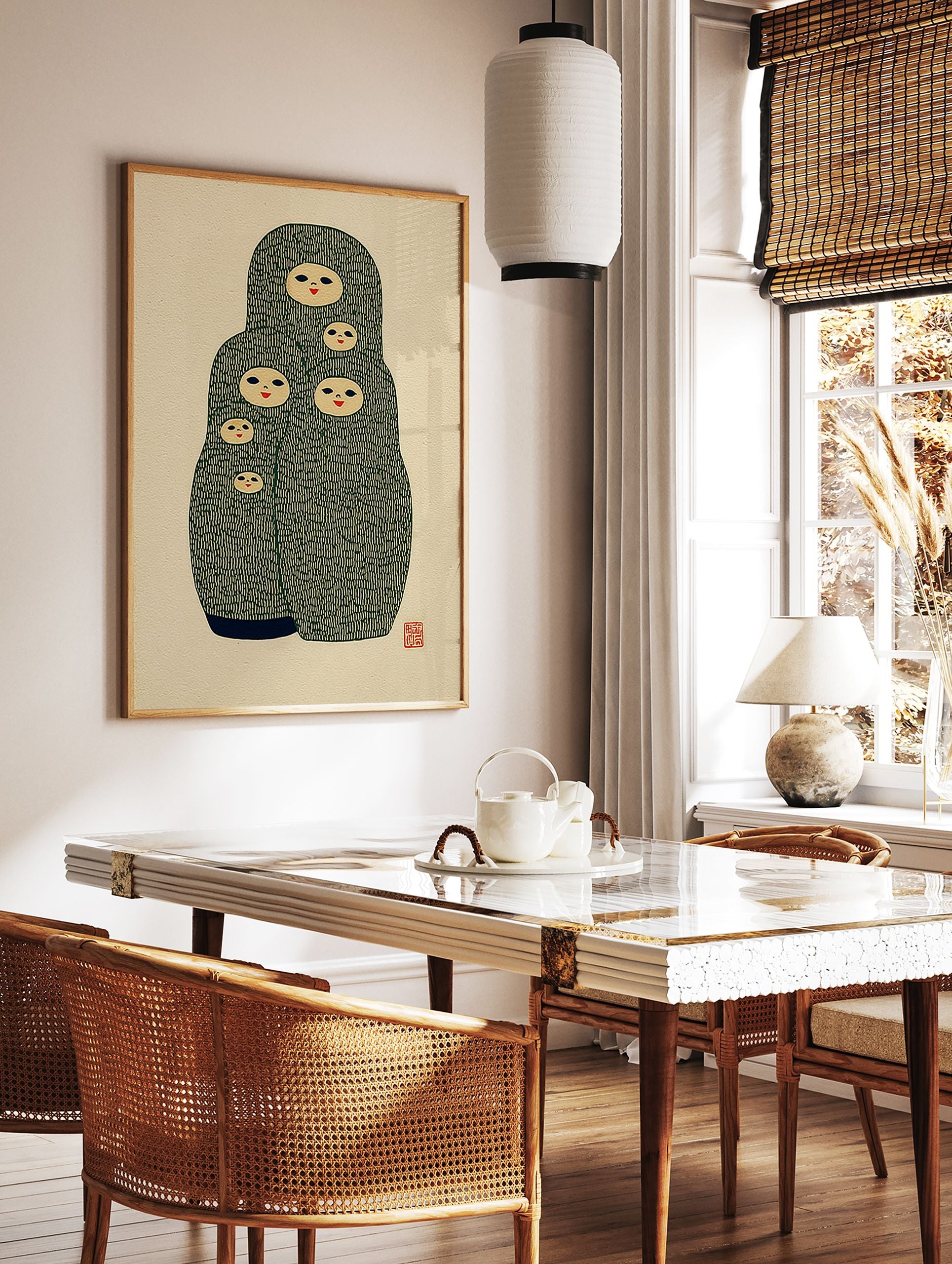 Green Matryoshka doll poster featuring five nested dolls with smiling faces on a cream background, folk art illustration. - Image 3