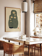 Green Matryoshka doll poster featuring five nested dolls with smiling faces on a cream background, folk art illustration. - Image 3