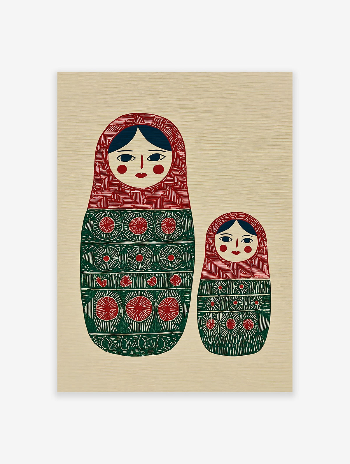 Matryoshka doll folk art print featuring two red and green decorated nesting dolls on a textured beige background.