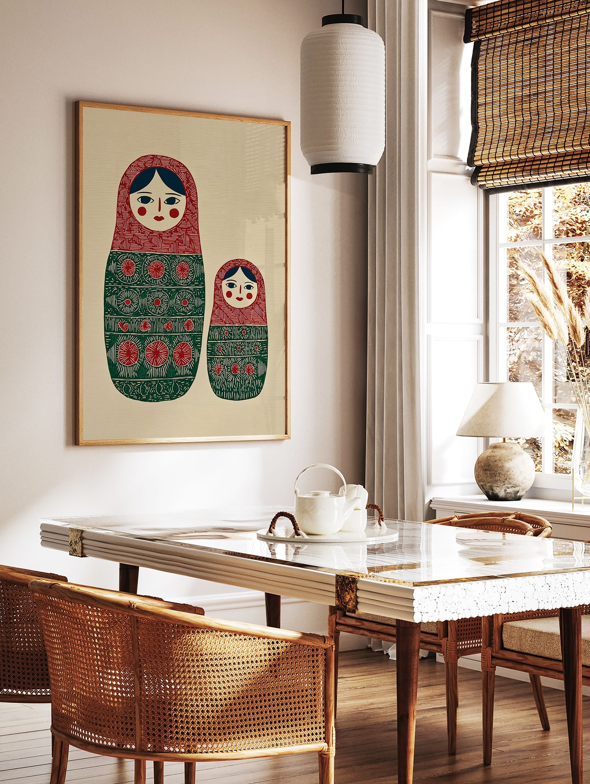 Matryoshka doll folk art print featuring two red and green decorated nesting dolls on a textured beige background. - Image 3