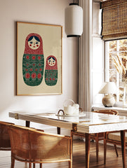 Matryoshka doll folk art print featuring two red and green decorated nesting dolls on a textured beige background. - Image 3