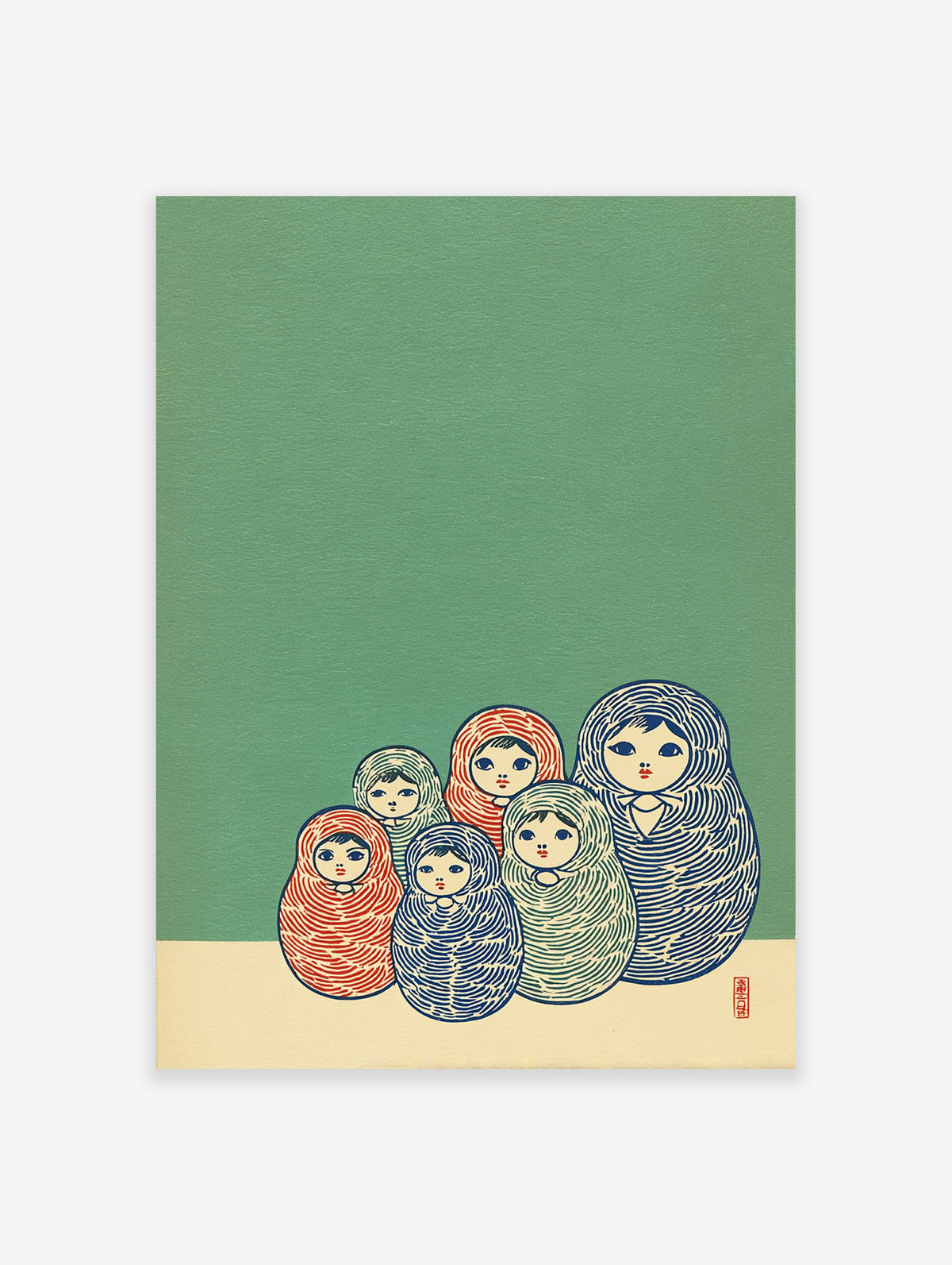 Matryoshka doll wall art print featuring six colorful Russian nesting dolls on a green and cream background.